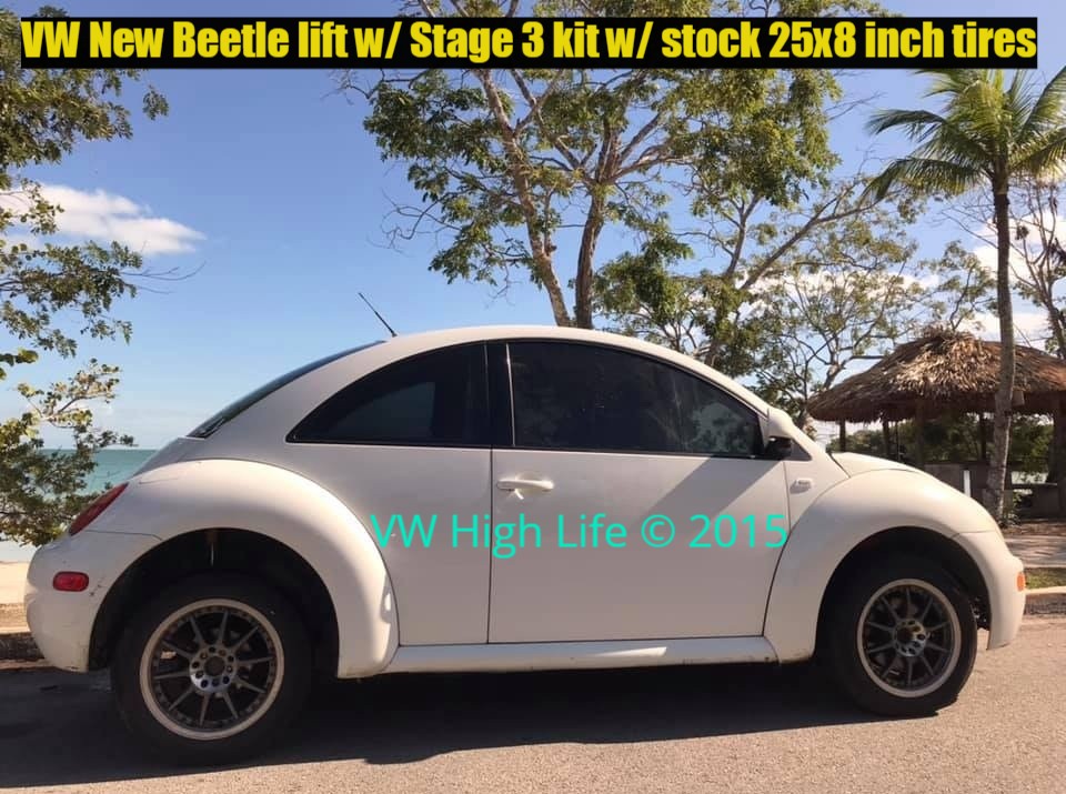 VW New Beetle lifted with Stage 3 Kit with 7.5 inches of wheel travel up front and 7 inches in the rear.